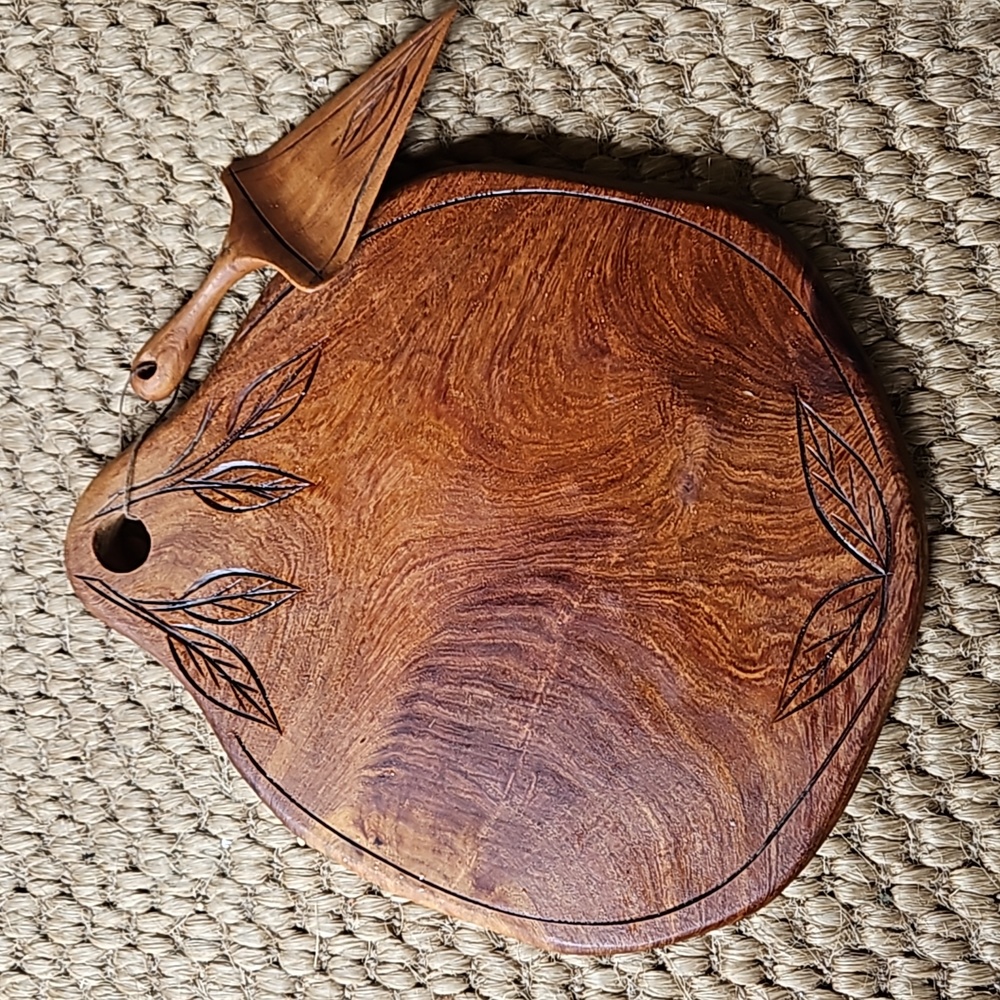 Hand Carved Leaf Fruit Shaped Oval Brown Wood Serving Board with Wood Server